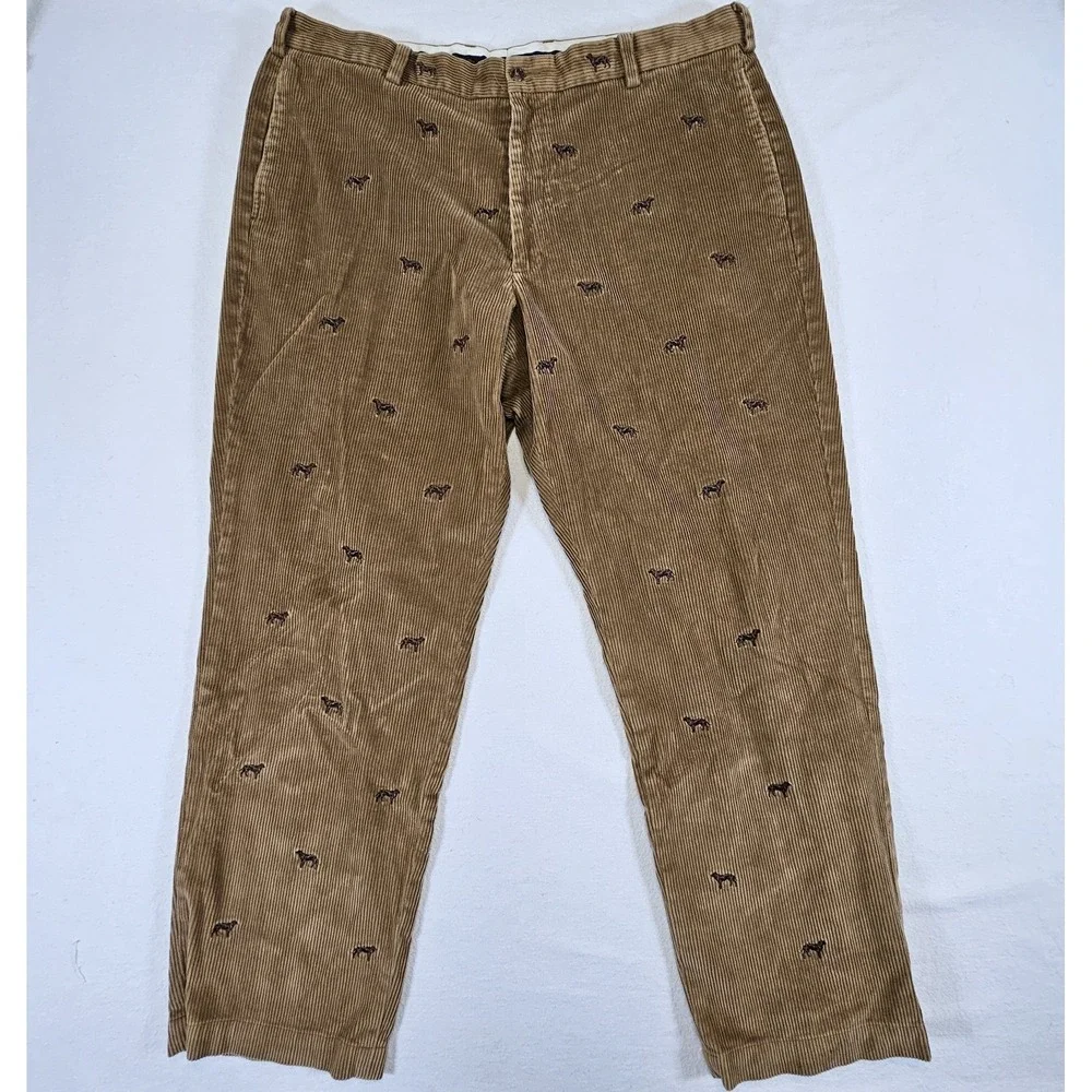 Brooks Brother Mens 42 32‎  Dog Corduroy Pants Hudson Brown Embroidered Tan